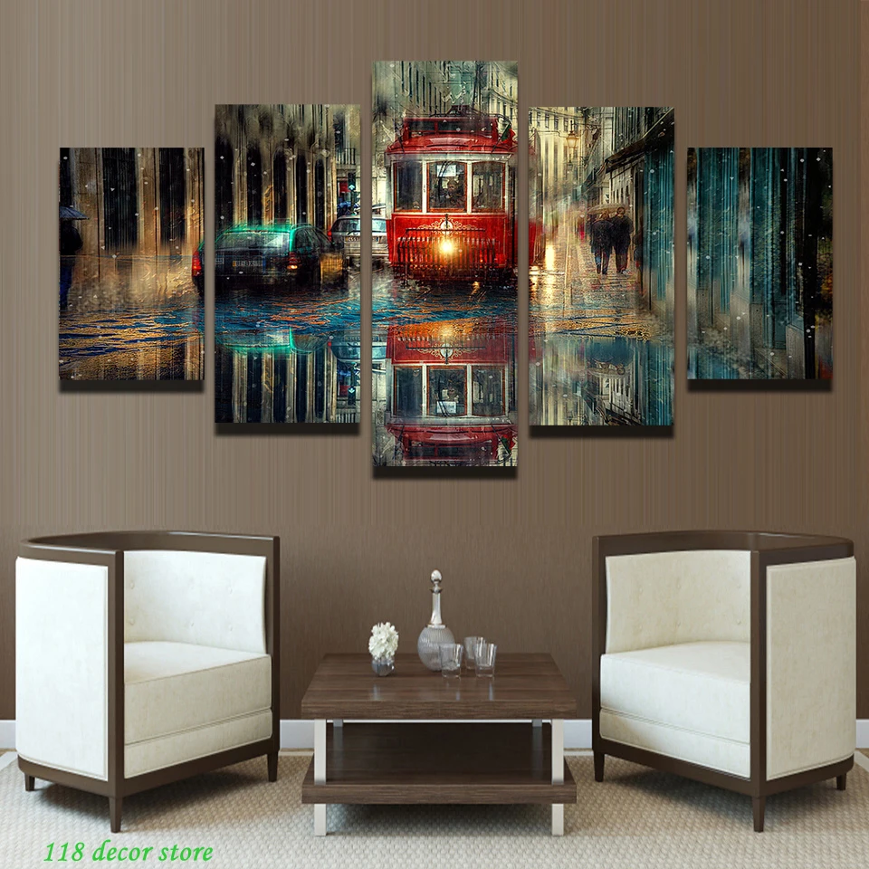Картина маслом на холсте с изображением дождя и улицы 5 панелей - купить по