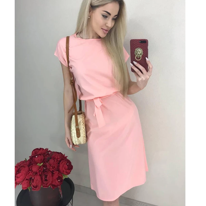 Women Vintage Sashes A-line Party Dress Short Sleeve O neck Solid Elegant Knee Length 2019 Summer New Fashion | Женская одежда