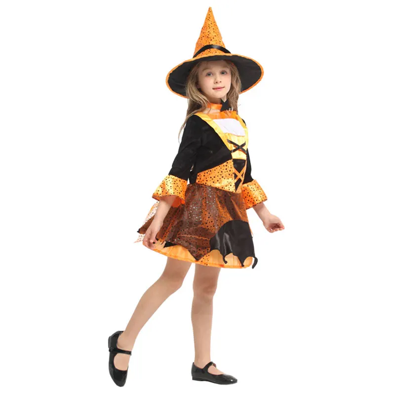 Lovely Orange Black Magic Witch Girl Costume Cosplay for Girls Child Halloween Carnival Party Mardi Gras Fancy Dress G-0303A |