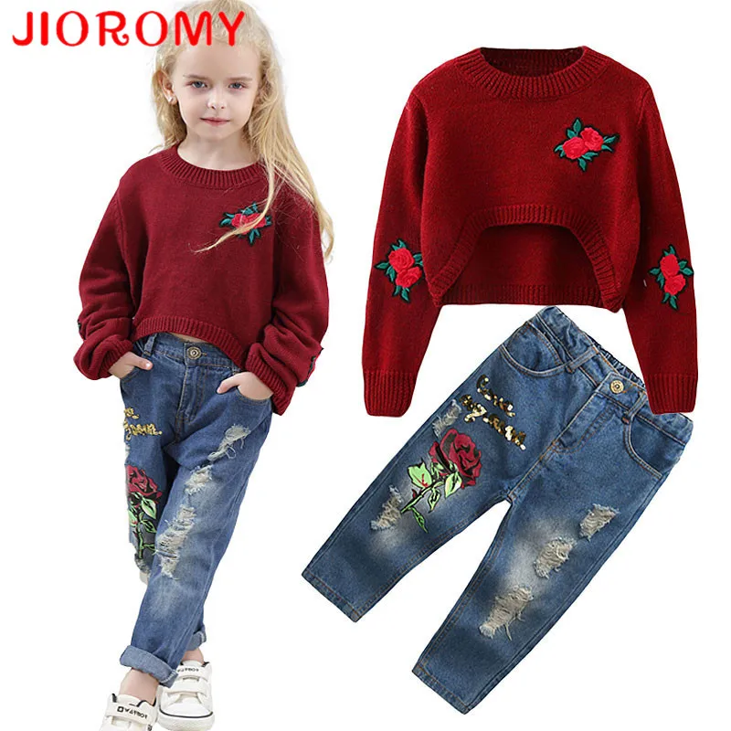 Костюм для девочек JIOROMY свитер с розами + джинсы 2 шт./компл. модная детская одежда
