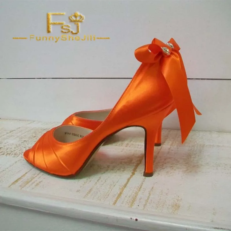 

Orange Satin Peep Toe Wedding Heels Bow D'orsay Pumps for Bridesmaid Attractive Incomparable Generous Noble Fashion FSJ Elegant