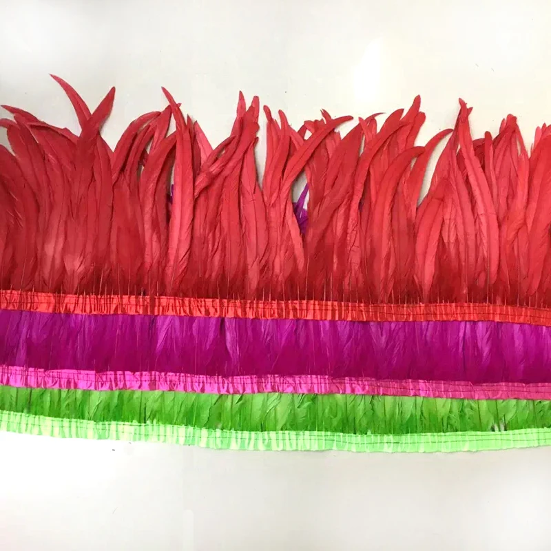

Free Shipping 10Meters/lot colorful Rooster Feather Trims 30-35cm width coque Feather strung Chicken Feather trimming