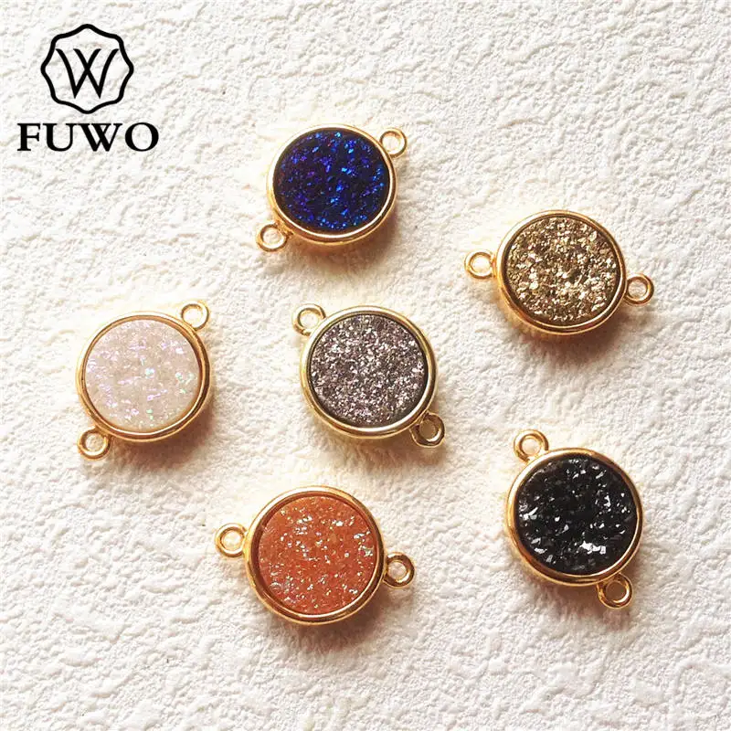 

FUWO Titanium Rainbow Druzy Connector Double Bails 24K Gold Electroplated Raw Quartz Round Shape Bezel Jewelry Wholesale PD127