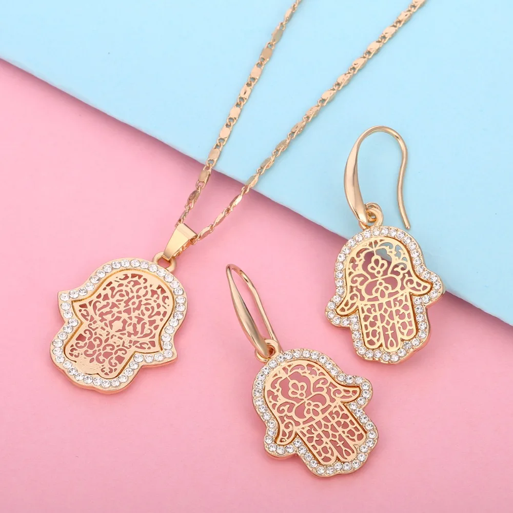 Женский комплект из колье и серёг с кристаллами|link chain|hamsa pendantpendant necklace |