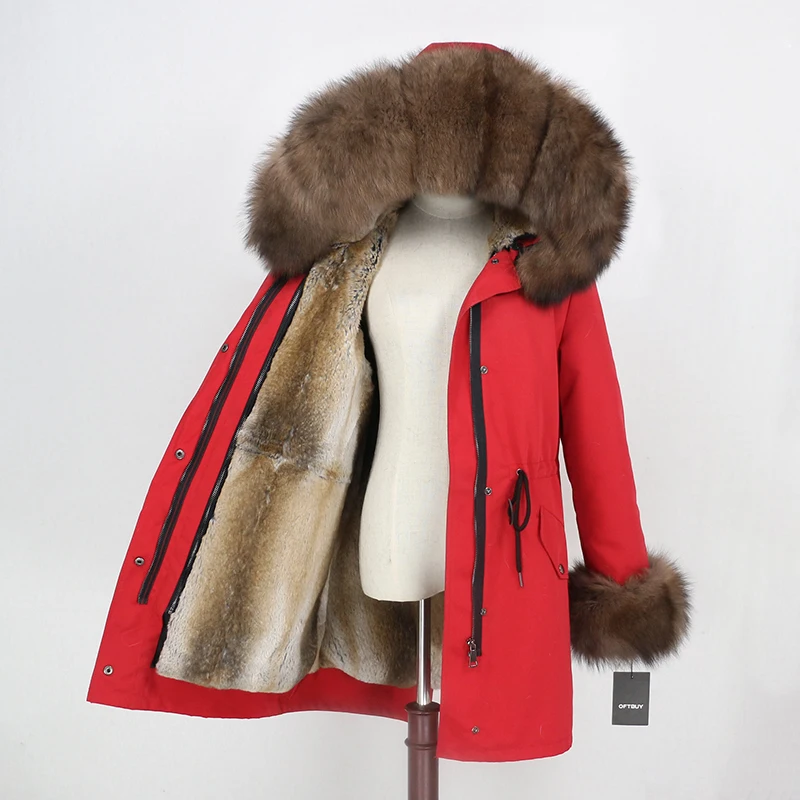 red dark brown OFTBUY, зимняя куртка для женщин, натуральный мех, пальто, водонепроницаемая парка, натуральный Лисий мех, воротник, манжеты, мех кролика, подкладка, верхняя одежда, съемная, Новинка - Цвет: red dark brown