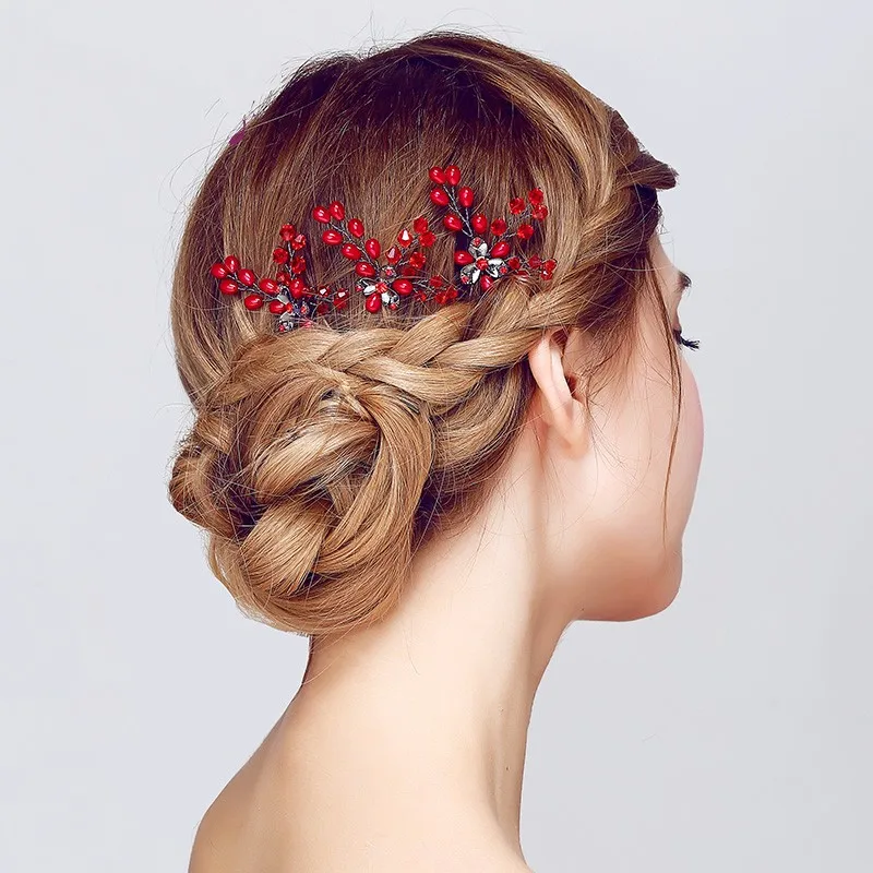 Dower me Red Crystal Hair Vine Wedding Pins Accessories Handmade Floral Bridal Headpiece Women Jewelry Clip | Украшения и