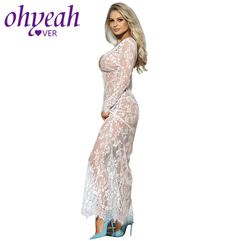 Ohyeahlover прозрачные кружевные сексуальные длинные ночные рубашки для невесты черного и белого цвета с v-образным вырезом сексуальные ночные рубашки летние длинные халаты RM80497