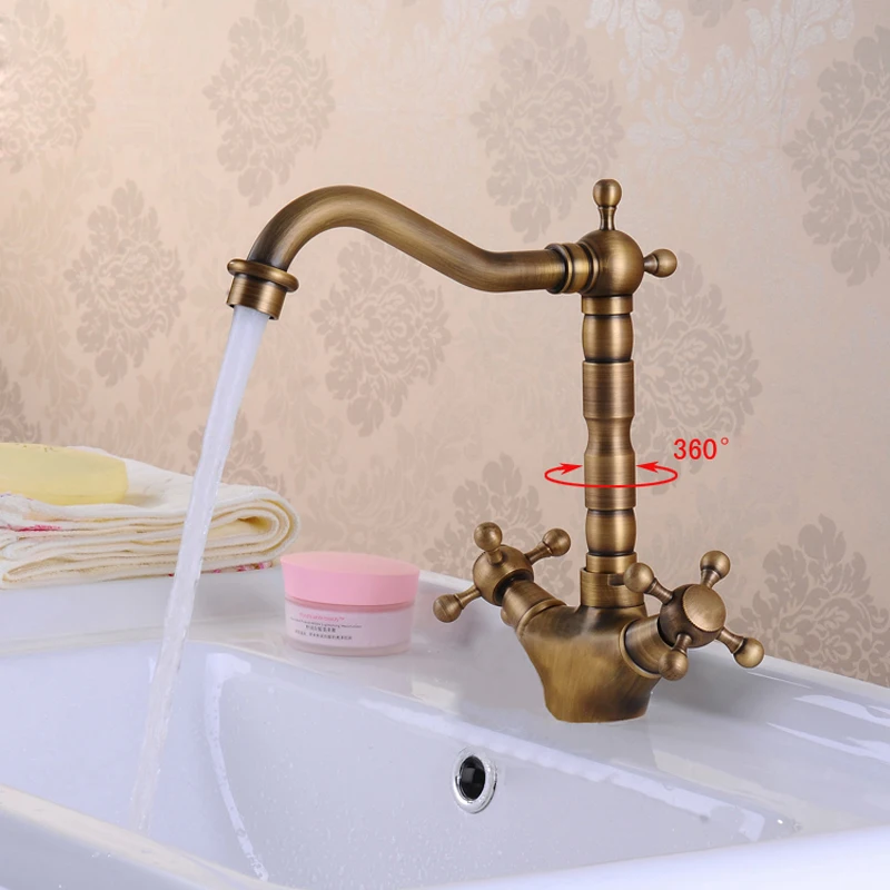 

BAKALA Freeshipping Vintage Style Bathroom Basin Sink Faucet Antique Brass Mixer Tap Dual Handles Deck Mounted GZ7306