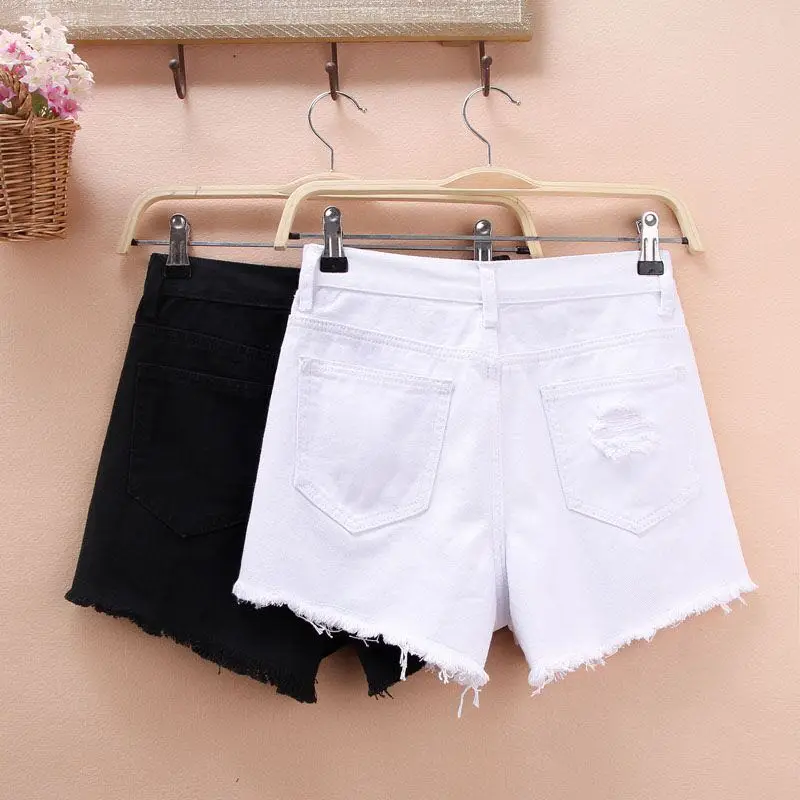 HziriP Denim Shorts Solid Hole Ribbons Washed Pockets High Waist Women Loose Summer Hot Black White | Женская одежда