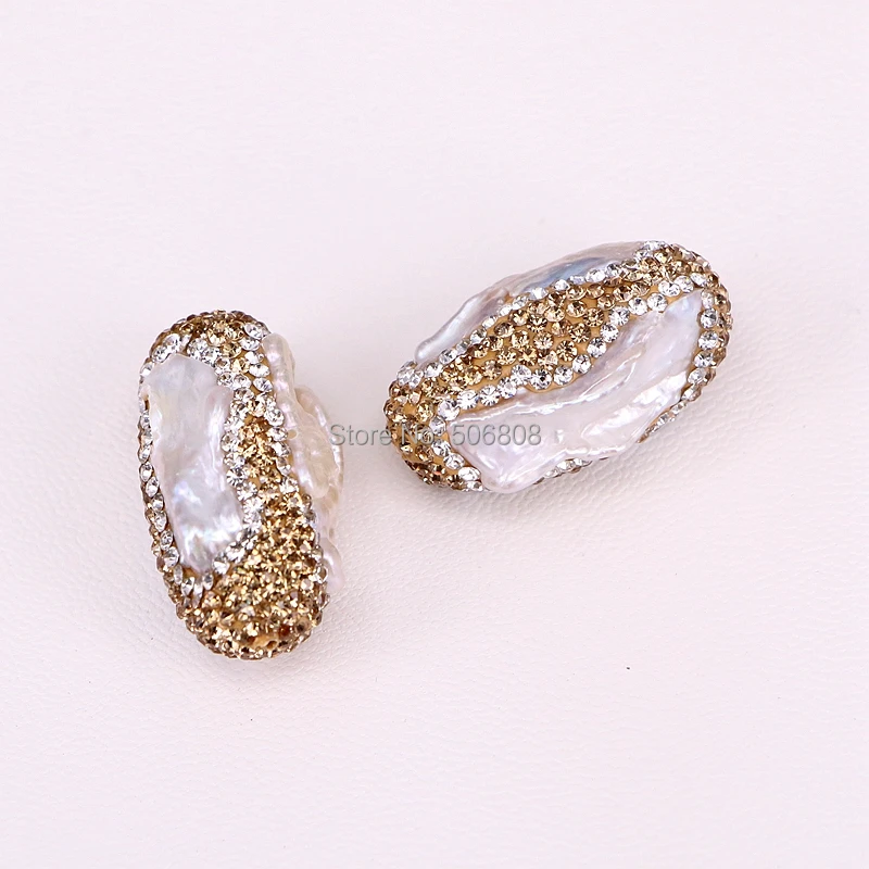 

10PCS ZYZ293-9050 Natural Pearl Beads Crystal Pave Long Oval Spacer beads for Jewelry making