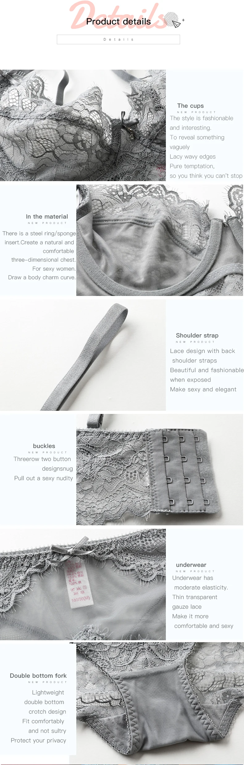 shaonvmeiwu Sexy lashes, lace, ultra-thin, non-sponge, undergarment, bra set with steel ring, large breasts, small size