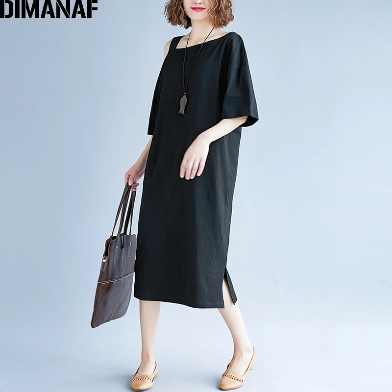 Женское длинное платье из хлопка DIMANAF однотонное черное с открытыми