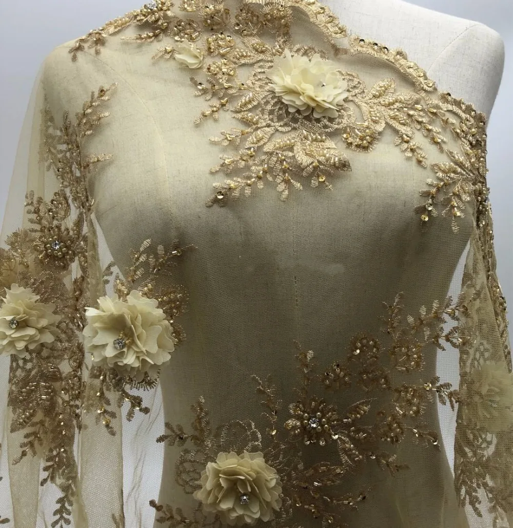 2 ярдов Новое модное тяжелое Африканское французское кружево с бисером ткань 3D