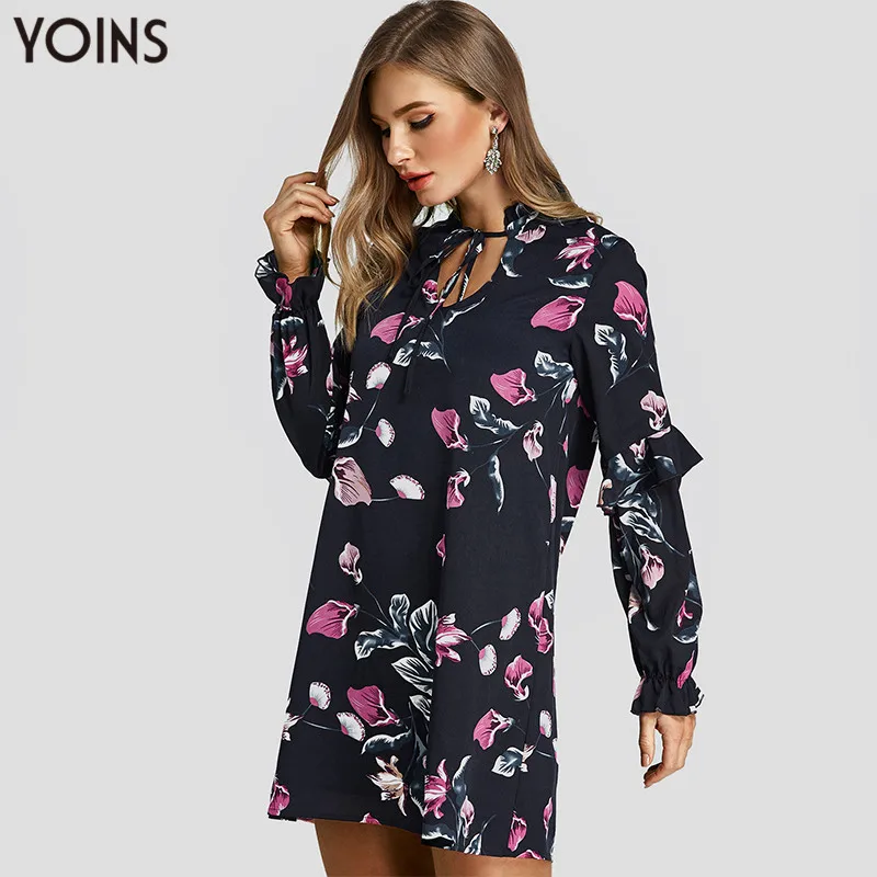 NEW 2020 YOINS Summer Autumn Women Dress Sexy Long Sleeve Lace-up Floral Print Mini Dresses Vintage Vestidos Streetwear | Женская одежда