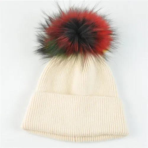 Beige colorful fur Новинка, шерстяные весенние меховые шапки для женщин, большой мех серебристой лисы, помпоны, шапочка, женская теплая Повседневная вязаная шапка Vogue - Цвет: Beige colorful fur