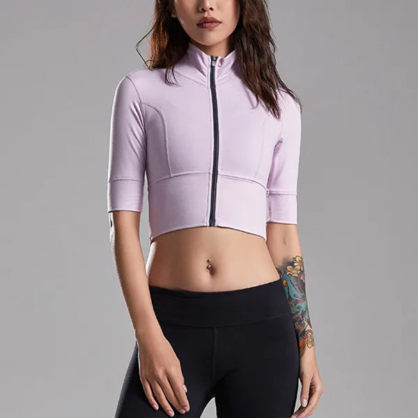 Для женщин летние шорты для йоги топы молния работает футболки Йога Crop Top эластичные Фитнес одежда Топ для тренировок тренажерный зал тугие рубашки - Цвет: Фиолетовый