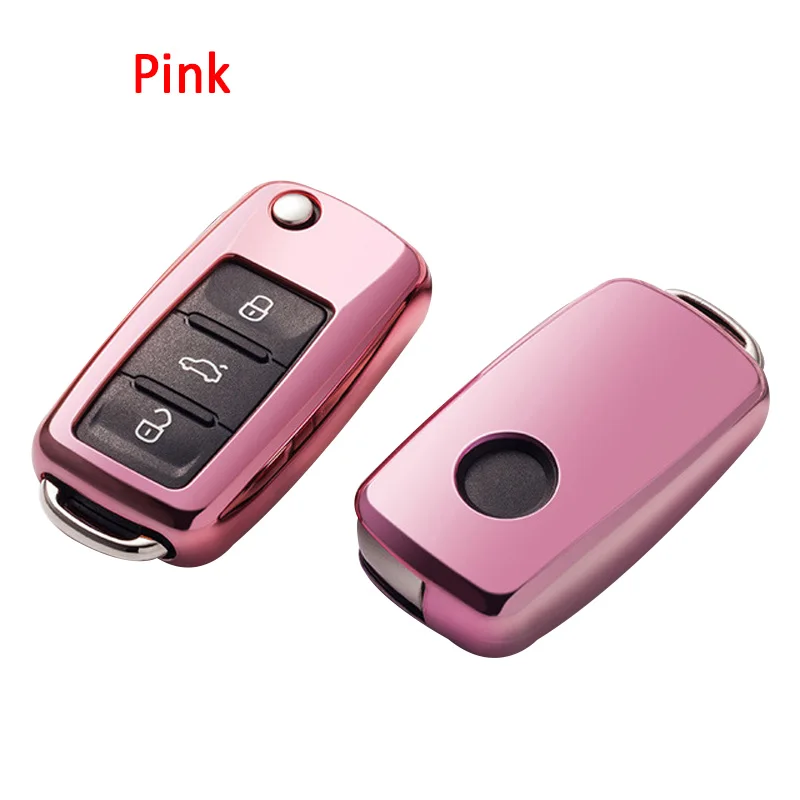 A-pink Мягкий чехол из ТПУ для автомобильных ключей, чехол для VW Golf Bora Jetta POLO GOLF Passat для Skoda Octavia A5 Fabia для сиденья Ibiza Leon - Название цвета: A-pink