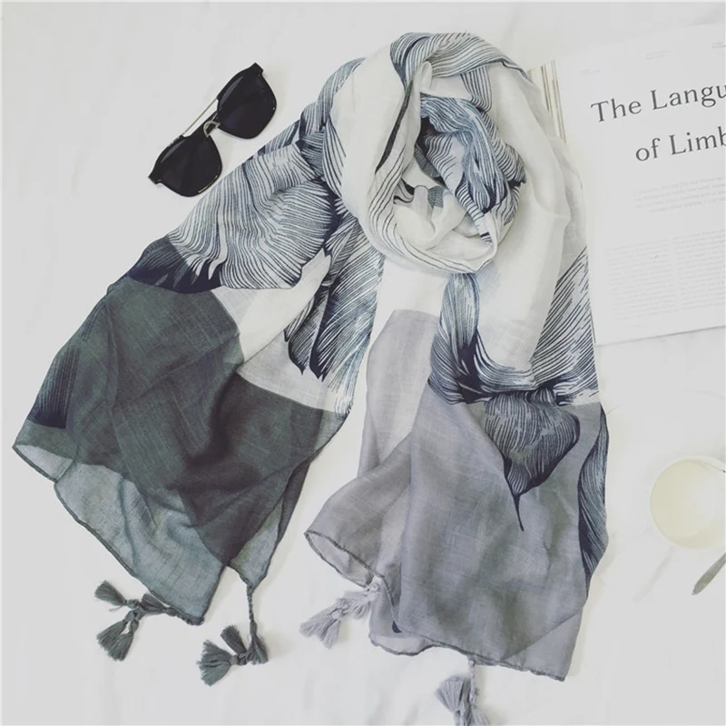 

180*100cm Scarf Women 2017 Bohemia Elegant Grey Leaves Cotton Shawl Cape Fashion Women Scarf
