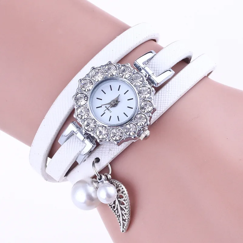Фото Женские часы роскошные кожаные ювелирные изделия с жемчугом и кристаллами