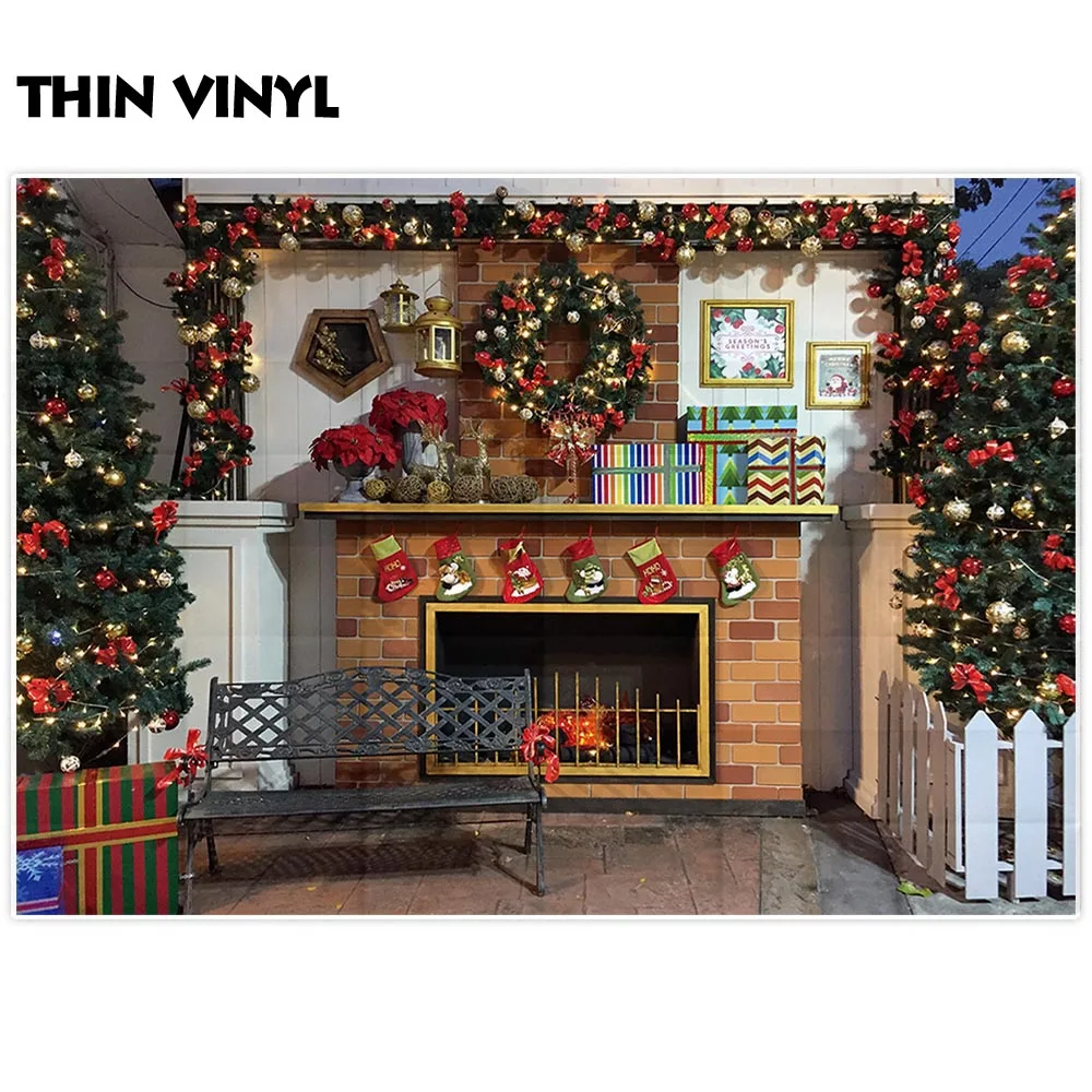 Allenjoy фон для фотостудии Рождественская каминная комната венок дерево скамейка