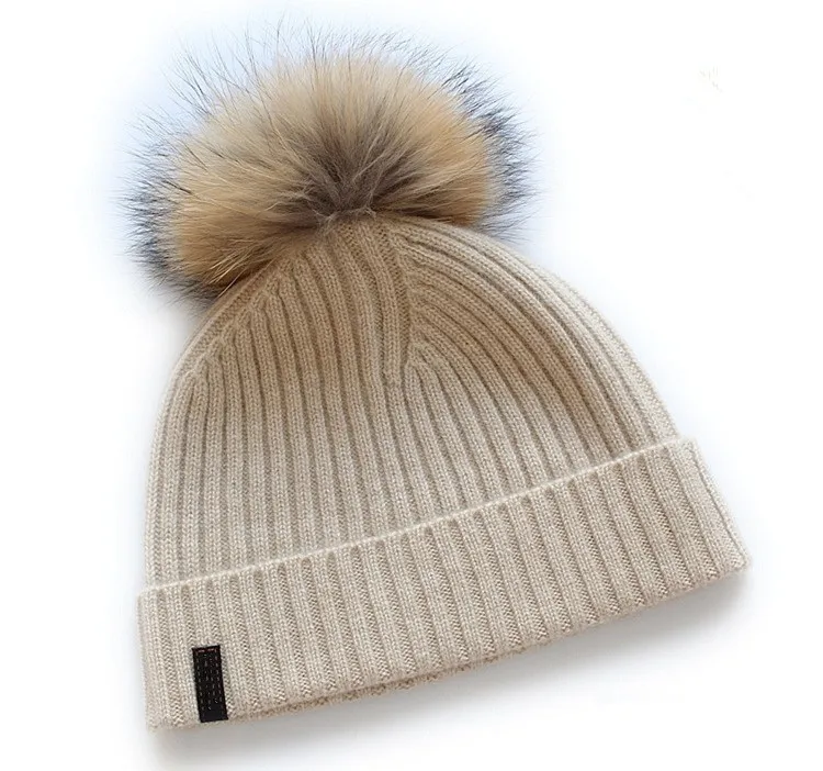 large size 100%goat cashmere twisted knit beanie hats big bonnets caps for unisex with fur balls 9colors EU/XL(60cm+)