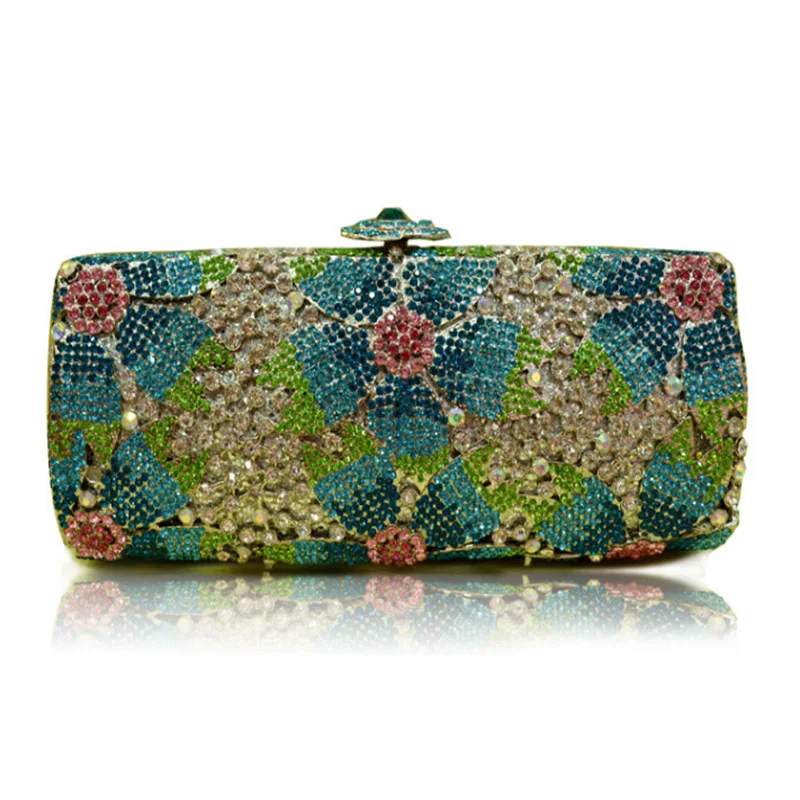 

Fashion Blue/Pink/Green/Red Crystal Women Party Handbag Luxury Hollow Out Lady Dinner Banquet Evening Clutches Chain Purses