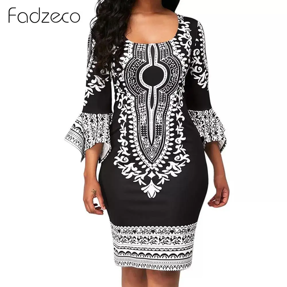Fadzeco африканские платья для женщин Дашики 3/4 рукав цветочные Bodycon миди платье этнический Племенной печати летнее платье карандаш - Цвет: Black