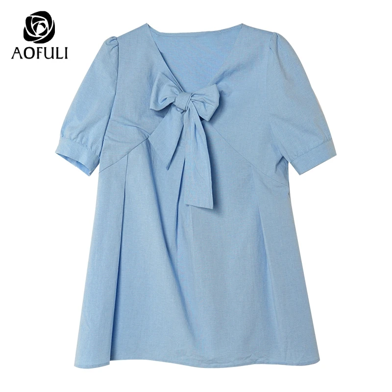 Женская блузка с бабочкой AOFULI L ~ 4XL 5XL Повседневная Свободная короткими рукавами