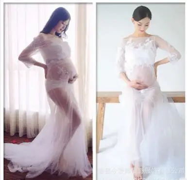 

Maternity Pregnancy Elegant Fancy Gown White Lace Photography Props Royal Style Long Dress Pregnant Women Photo Shoot Gown Dress