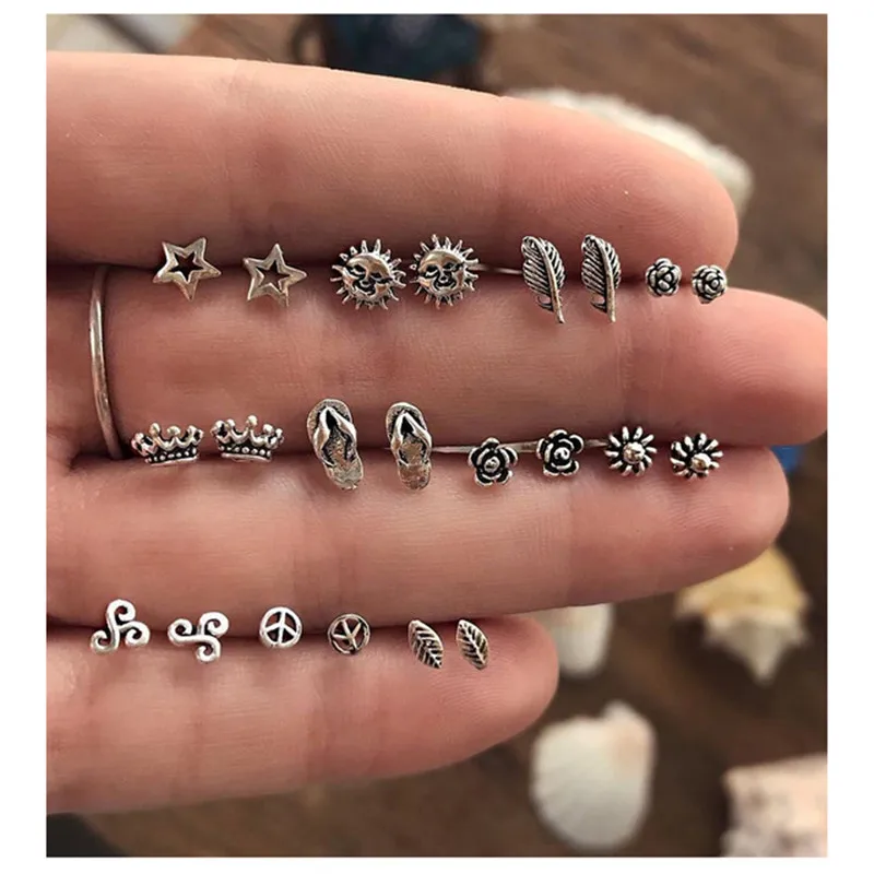 11 пар/компл. Boho Корона листья цветы звезды серебряные серьги комплект Для женщин