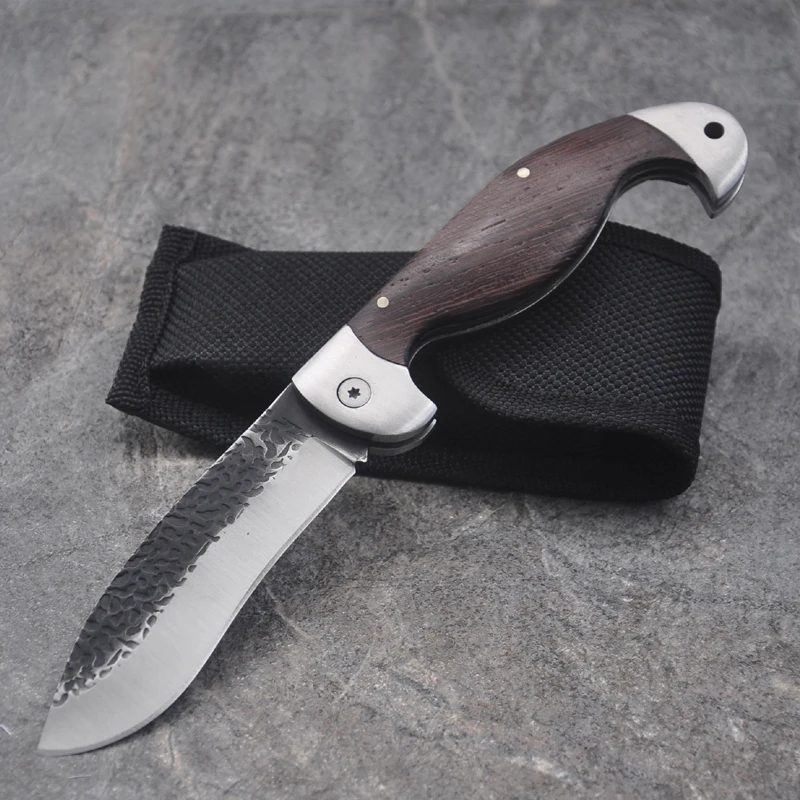

8.6'' Damascus Folding Blade Knife 5Cr13Mov+ wood steel Handle Hunting Survival Tactical Outdoor Camping Knife Tools + Sheath