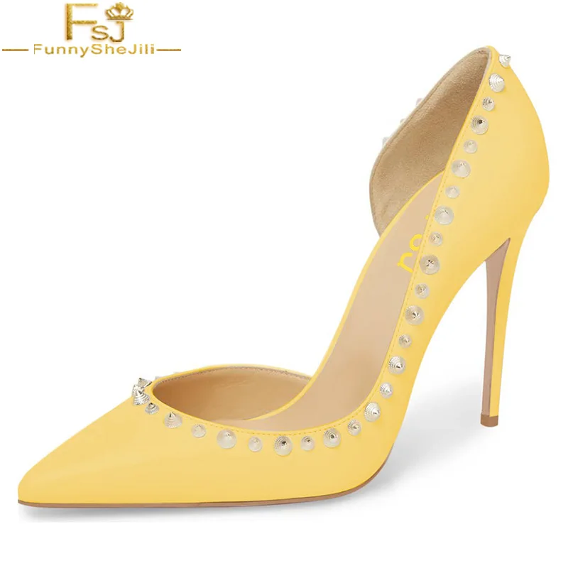 

FSJ 2021 Women Sexy Rivet Leather Pointed Toe D'Orsay Studded Pumps Stiletto High Heel Slip On Evening Party Dress Dress Shoes