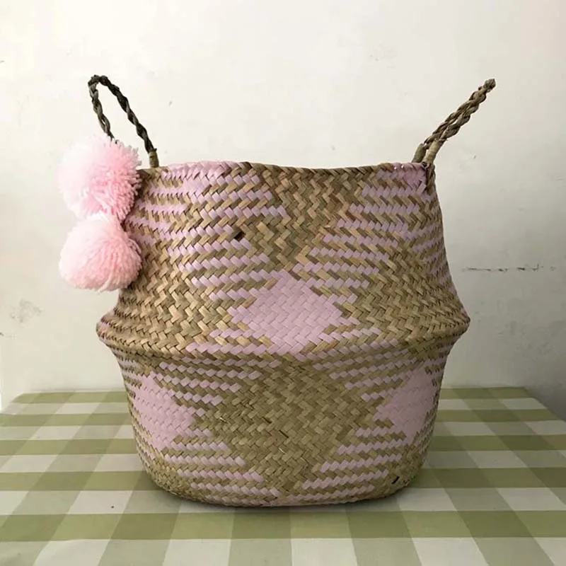 powder checkered pat Складная корзинка ручной работы складной Плетеный ротанга Seagrass живот соломы сад плетеная корзина-горшок для цветов корзина для белья - Цвет: powder checkered pat