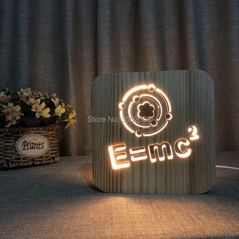 Креативный деревянный ночник 3d E = MC ^ 2 USB кабель с полым дизайном