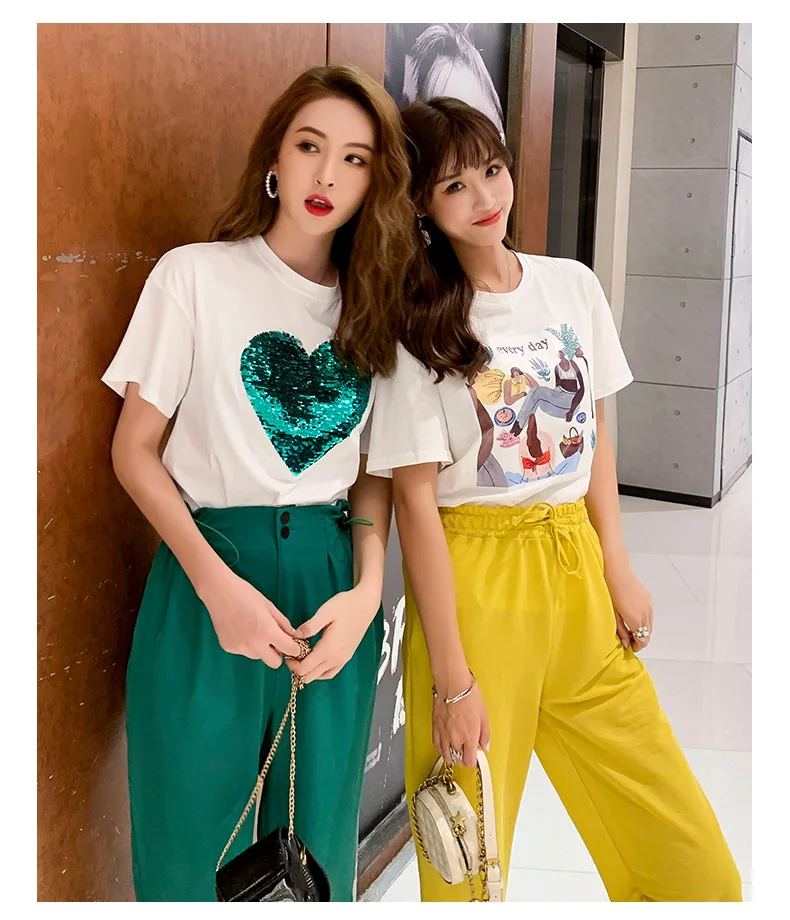 Новые летние bestie наряд веб-знаменитости 2 шт. и сердцами из пайеток футболки с