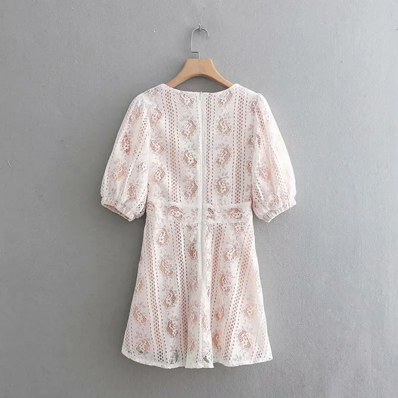 Винтажное открытое кружевное мини платье 2019 весеннее сексуальное Глубокий v