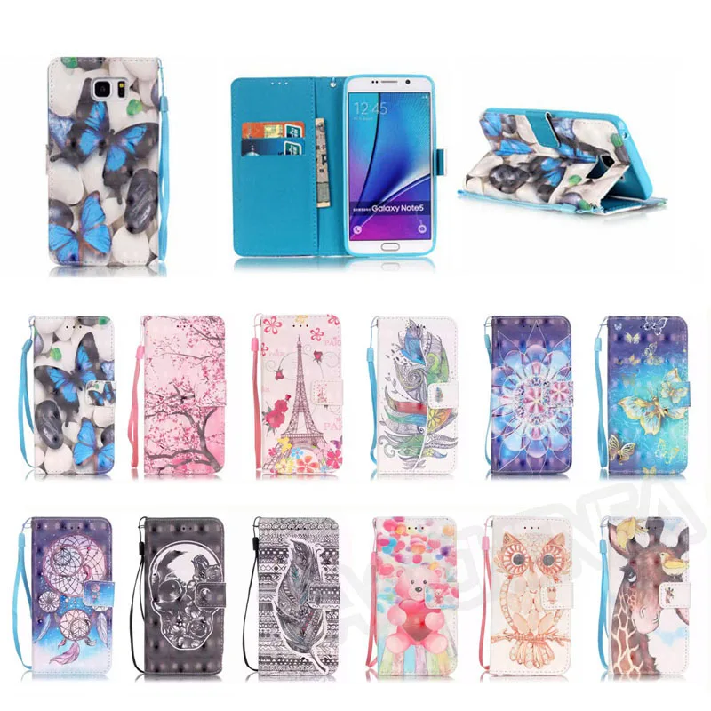 3D красивый кожаный чехол книжка с подставкой и отделением для карт Samsung Galaxy Note 5 SM