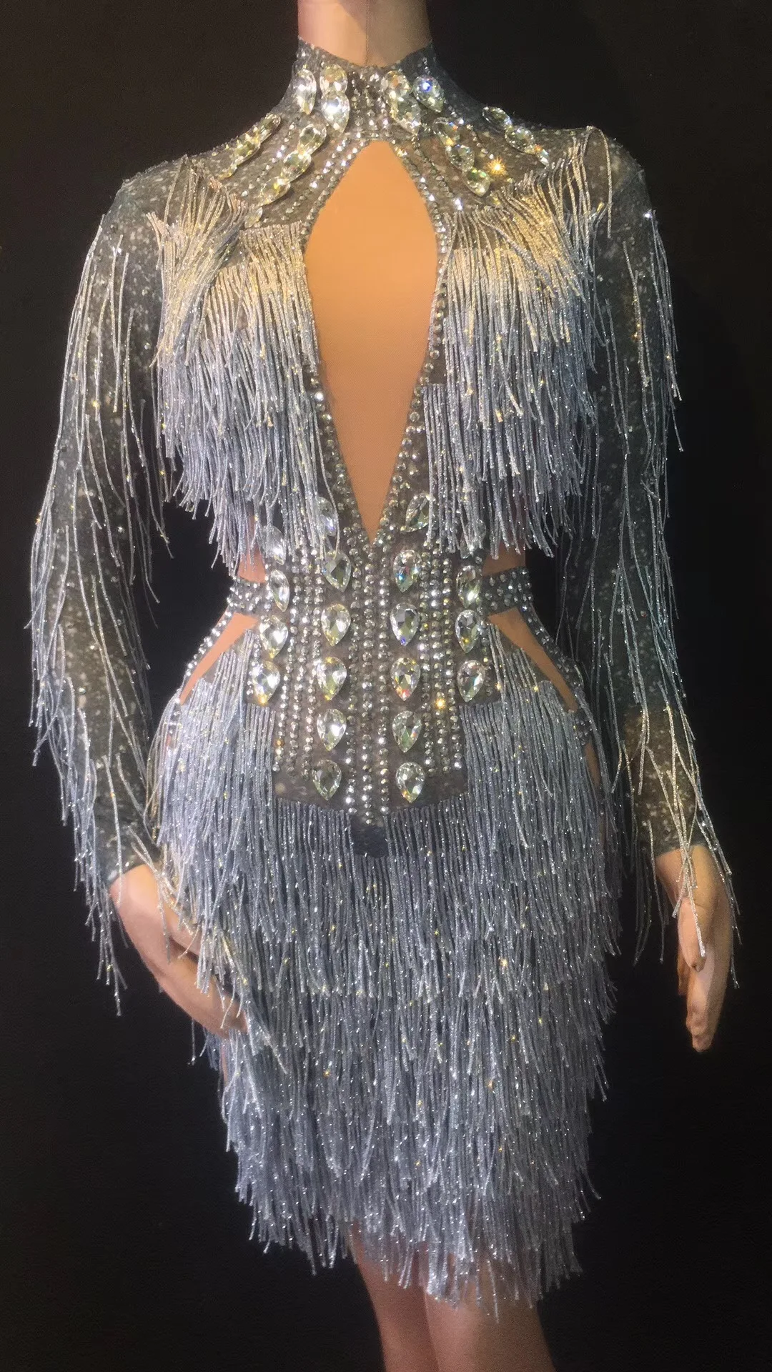 

2021 Women New Fashion Crystals Mesh Dress Sexy Rhinestones See Through Stage Dance Wear Evening Celebrate Fringes Dress Costume