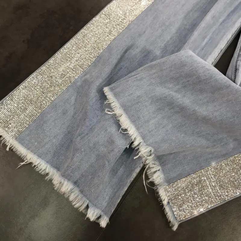 Новинка 2019 года летние брюки с необработанными краями украшенные стразами