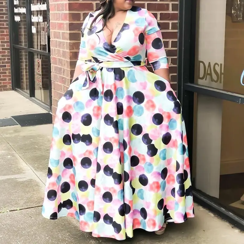 Женское Макси платье размера плюс на шнуровке с рукавом до локтя в стиле пэчворк