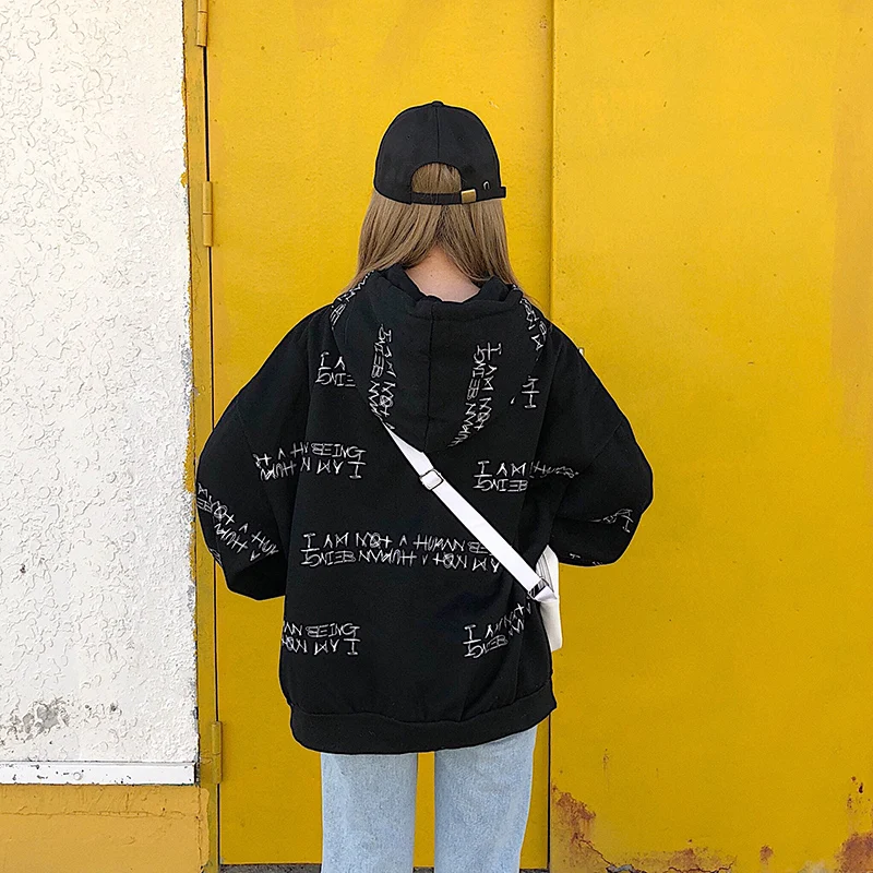 Ulzzang, зима, новая мода, большой размер, свободный, с буквенным принтом, хип-хоп, с капюшоном, свитер, женский, забавный, Harajuku, M-2XL, толстовка