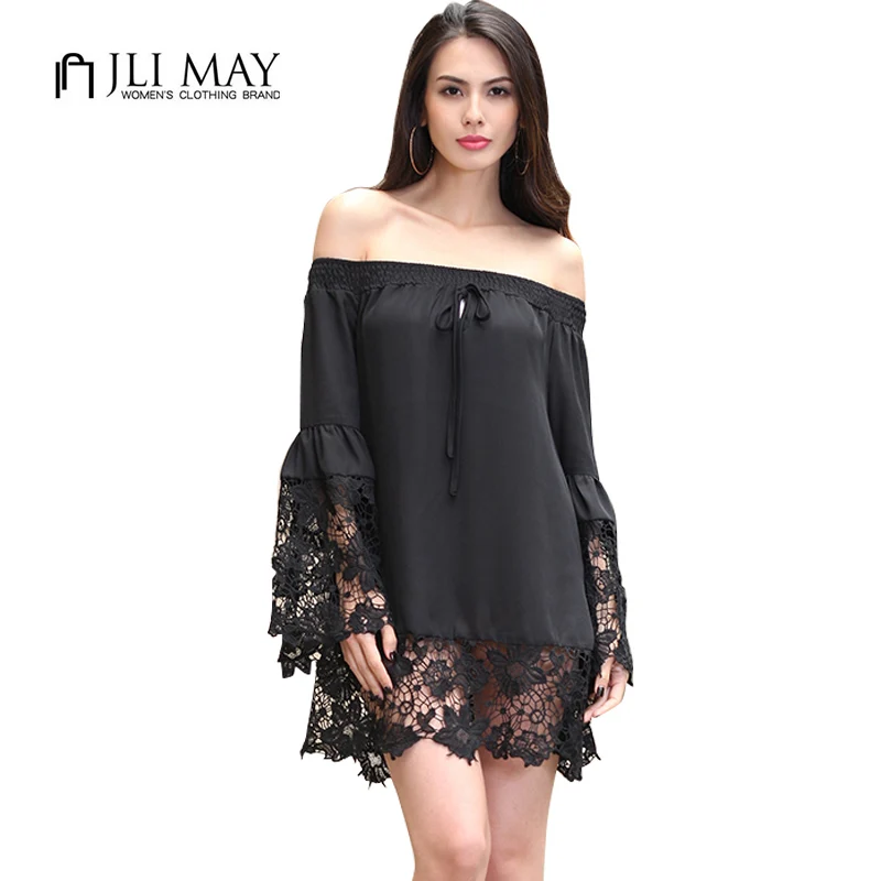 JLI MAY женщин кружева мини dress Slash шеи с плеча свободные черный белый сексуальная