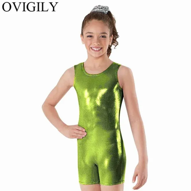 Lemon Green OVIGILY/Красная Майка для девочек, бикетард, спандекс, металлический танцевальный трико для детей, цельный гимнастический комбинезон, боди для малышей - Цвет: Lemon Green
