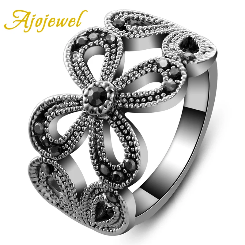 

Ajojewel #6-9 High Quality Hollow Out Crystal Rhinestone Flower Designer Famous Brand Women Ring Black