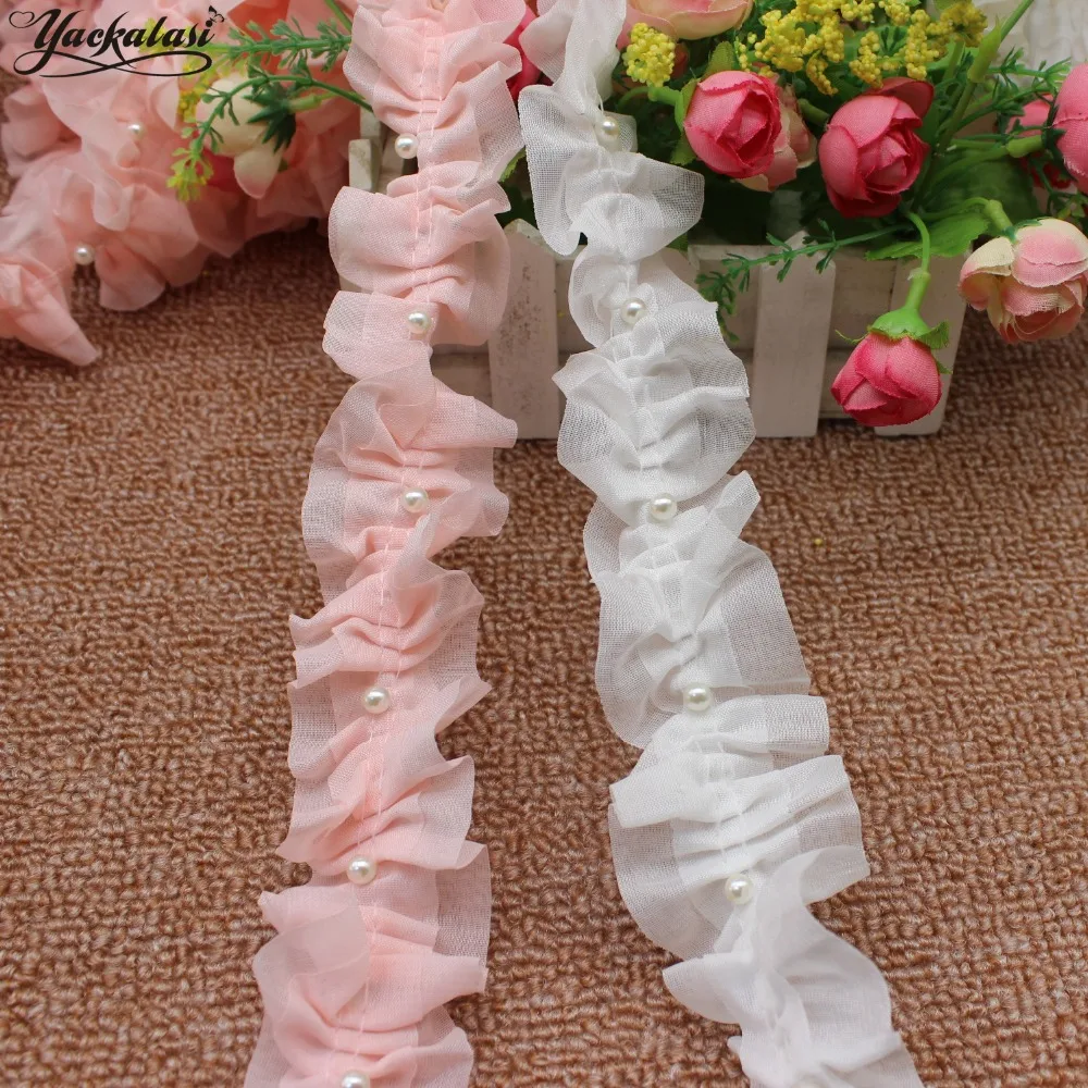 Гофрированная кружевная объемная шифоновое с цветочным кружевом розовая