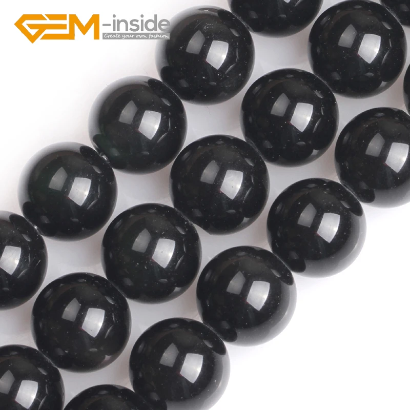 

GEM-inside Wholesale Big Hole 1.5mm-2mm Natural 6/8/10/12mm Round Black Obsidian Beads For Jewelry Making 15" Free Shipping