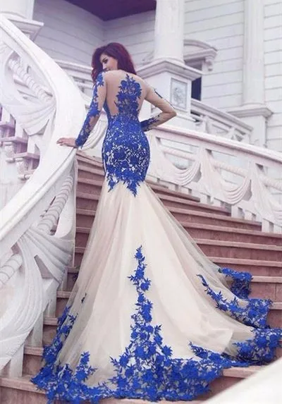 Королевский Синий Вечерние Платья 2017 О-Образным Вырезом С Длинным Рукавом Sheer