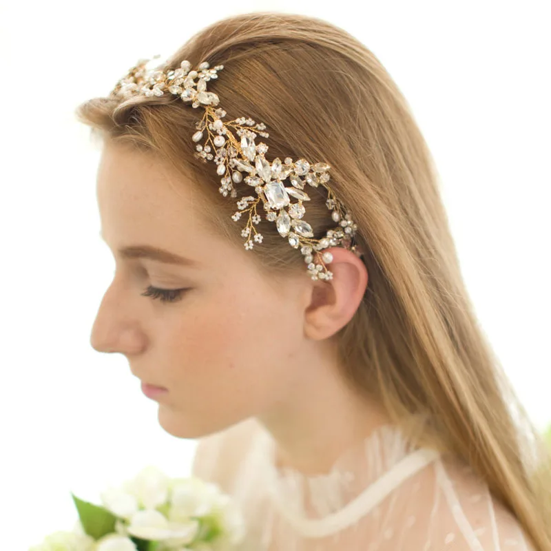 SLBRIDAL гибкие стразы Кристальный пресноводный жемчуг свадебная тиара головная