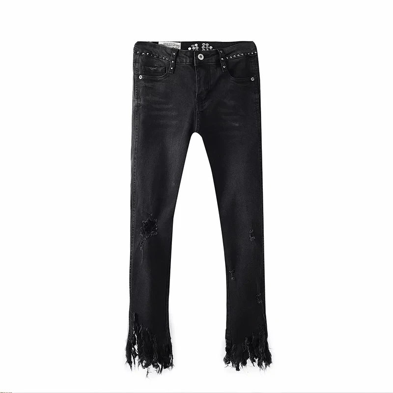Женские заклепки кисточки отверстия джинсы Vintage Fringe Карманы Брюки Черный Slim Fit |