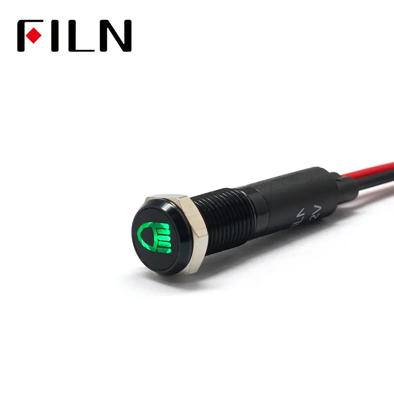 Green black shell FILN 8 мм Приборная панель автомобиля высокий луч символ led красный желтый белый синий зеленый 12 в светодиодный индикаторный светильник с кабелем 20 см - Цвет: Green black shell